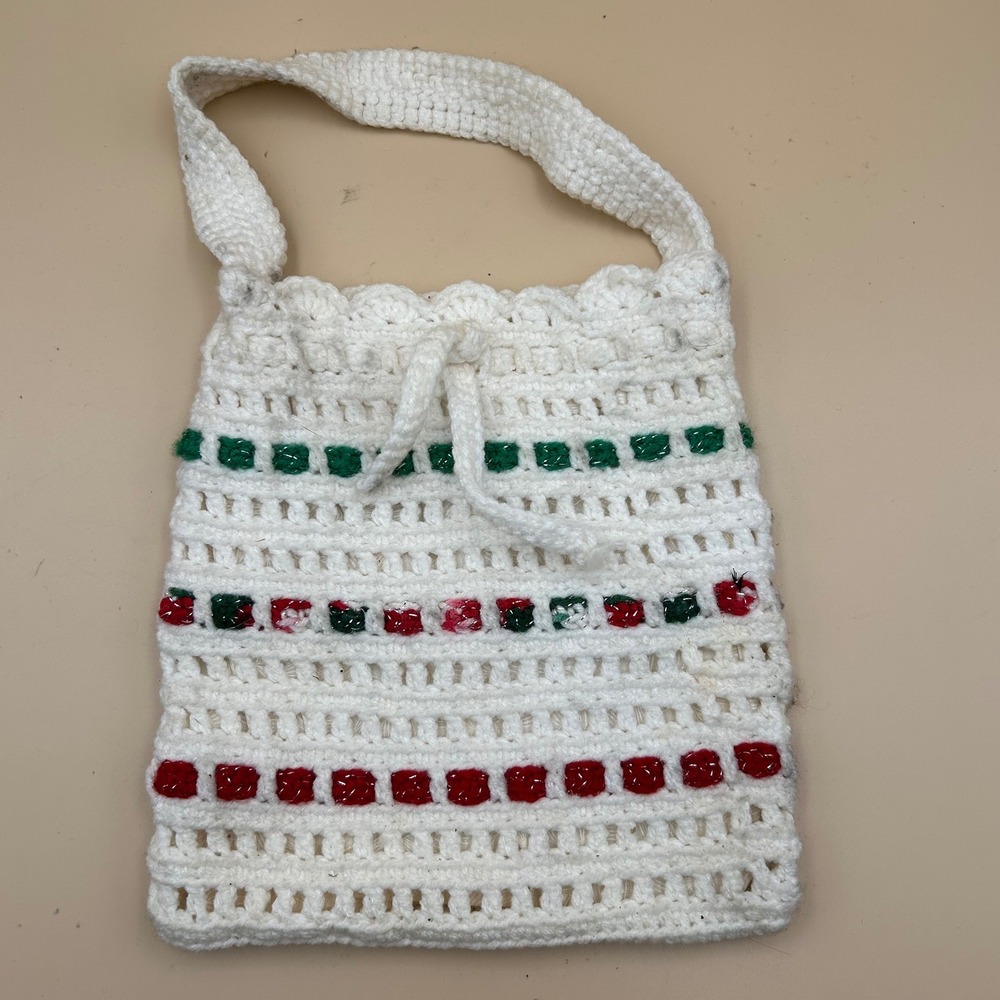Handmade Crochet Drawstring Handbag Cream Red Green Holiday Festive Lined Bag